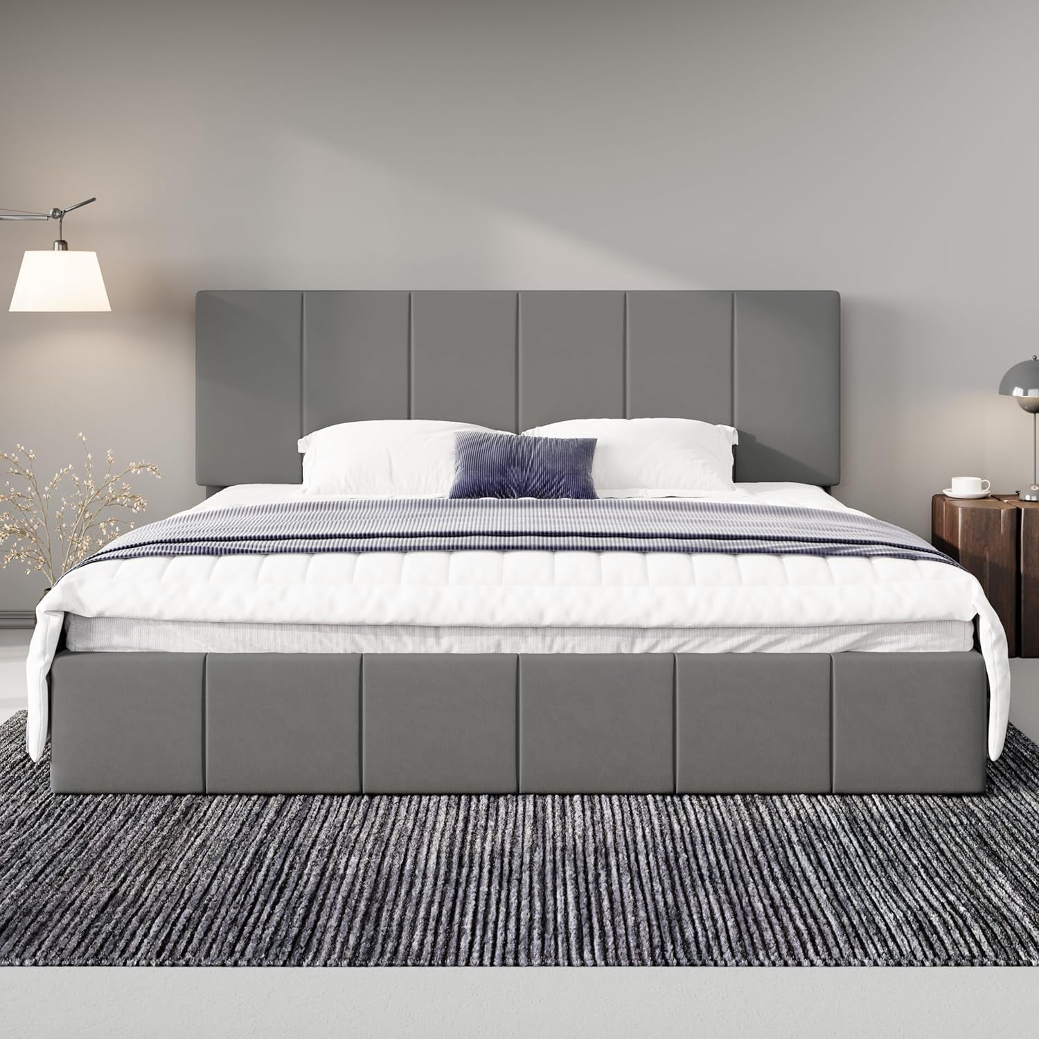 King Size Grey Velvet Upholstered Platform Bed Frame