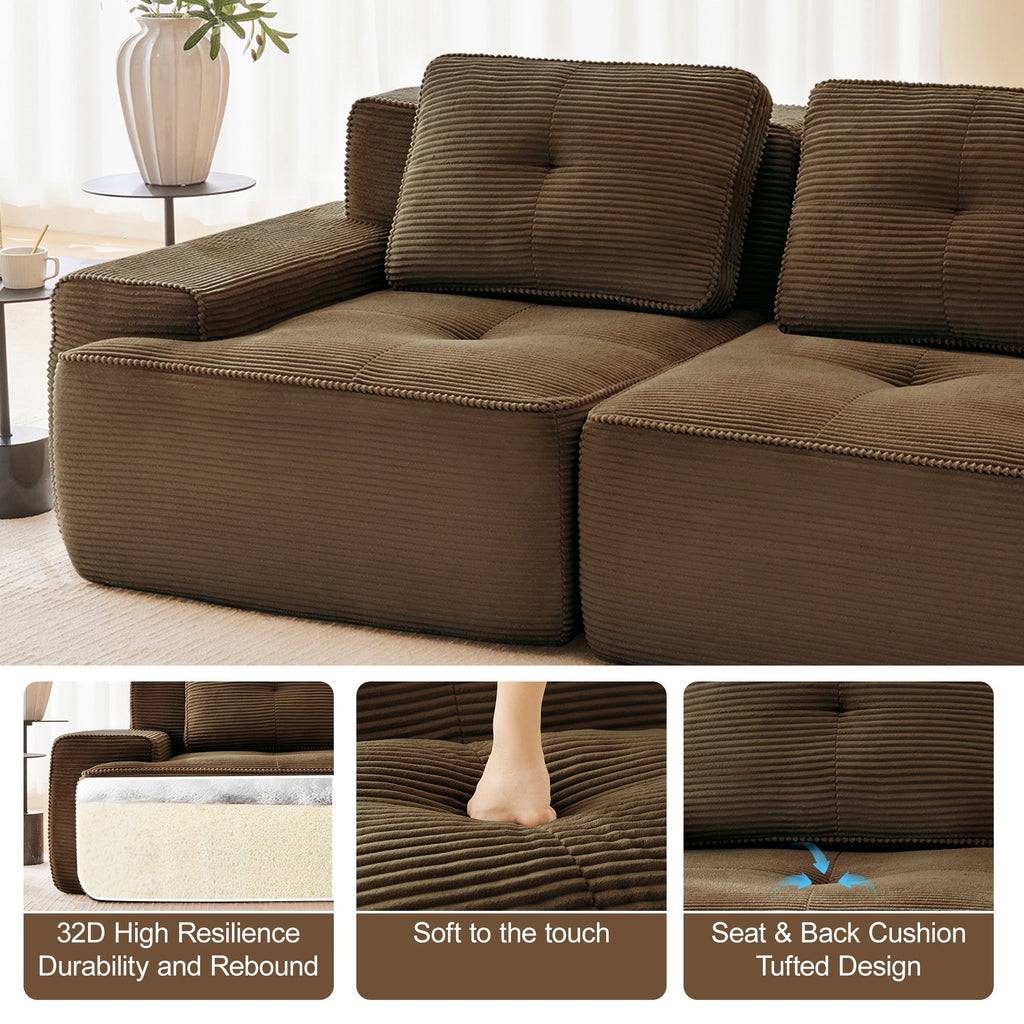 Sectional Sofa L-Shape Corduroy Brown 3 Seat Modular with Ottoman