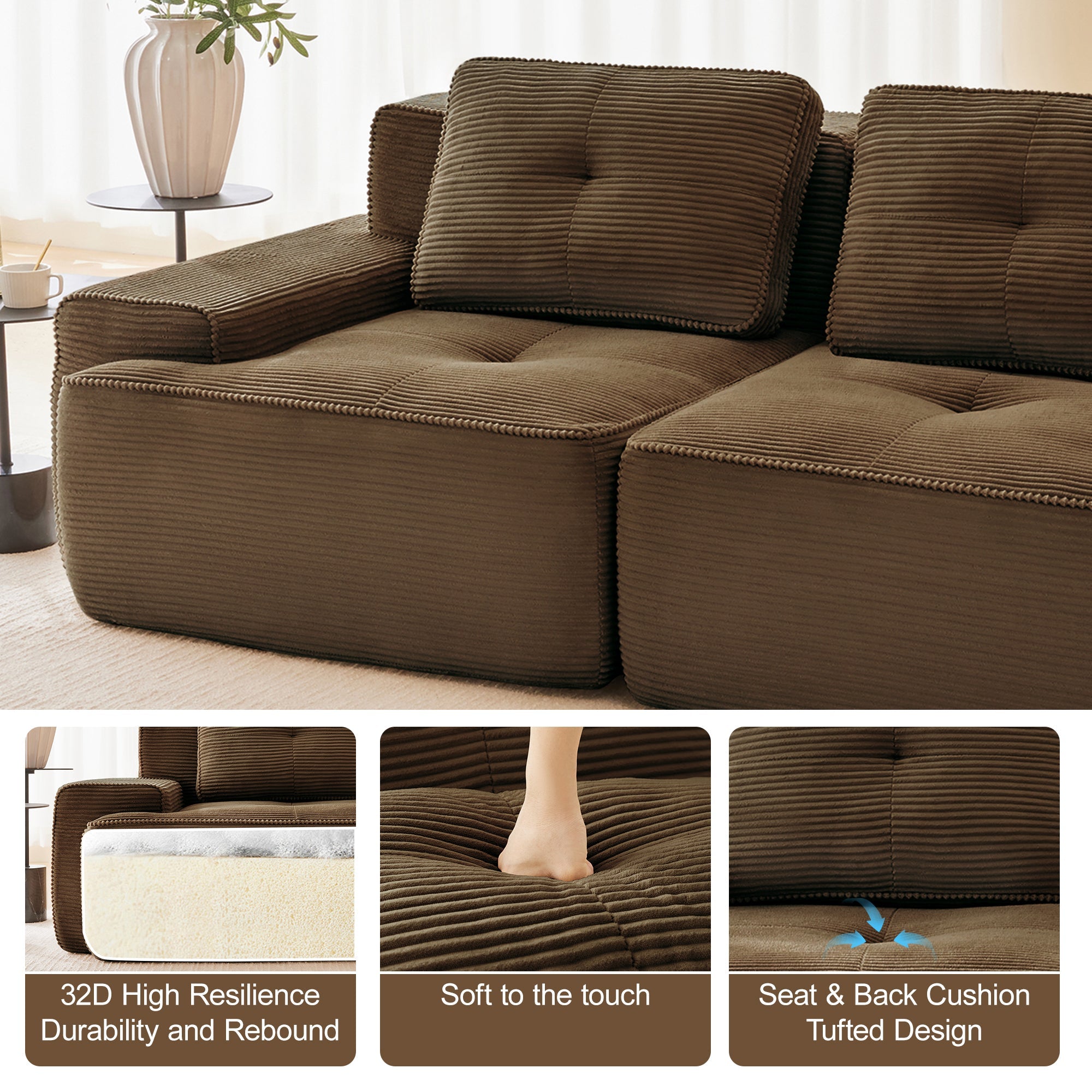 Sectional Sofa L-Shape Corduroy Brown 3 Seat Modular with Ottoman