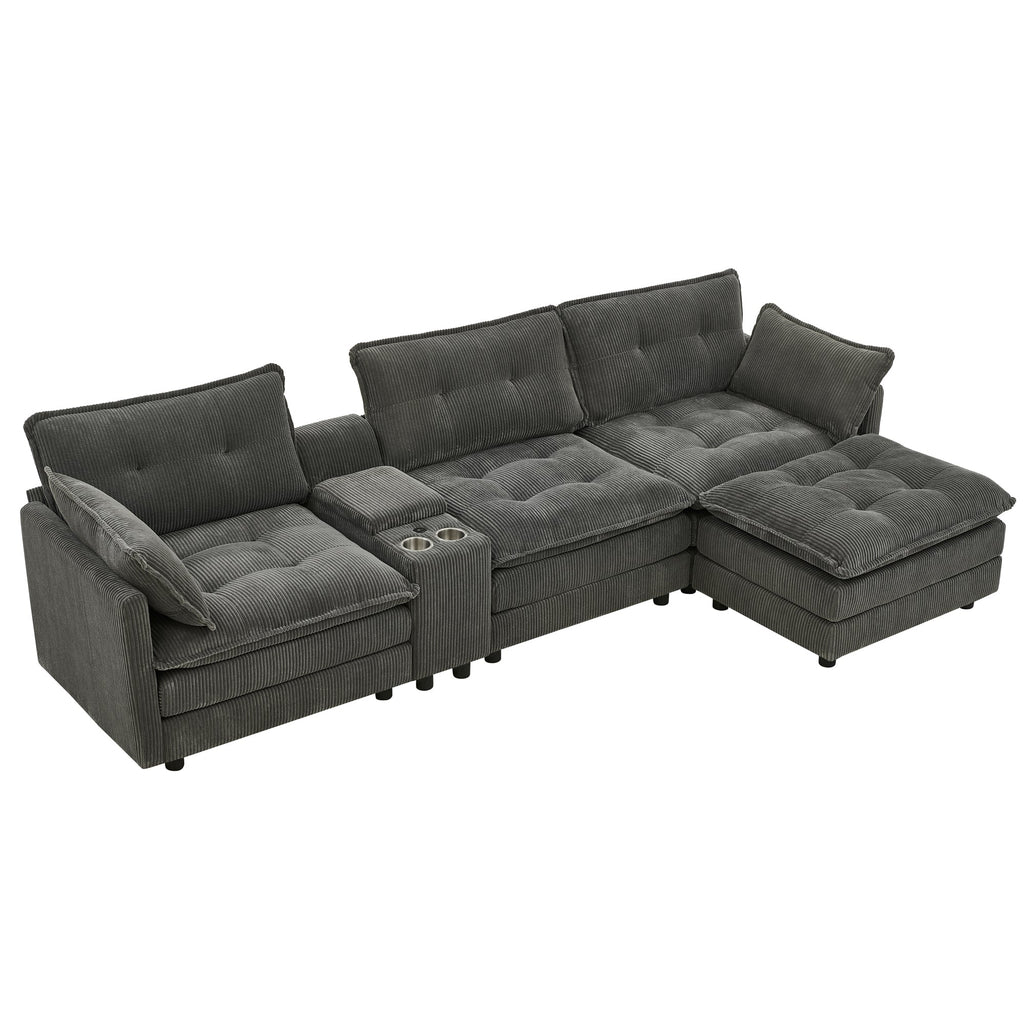 Sectional Sofa L-Shaped Corduroy with Ottoman and USB Ports, 4-seater, Grey