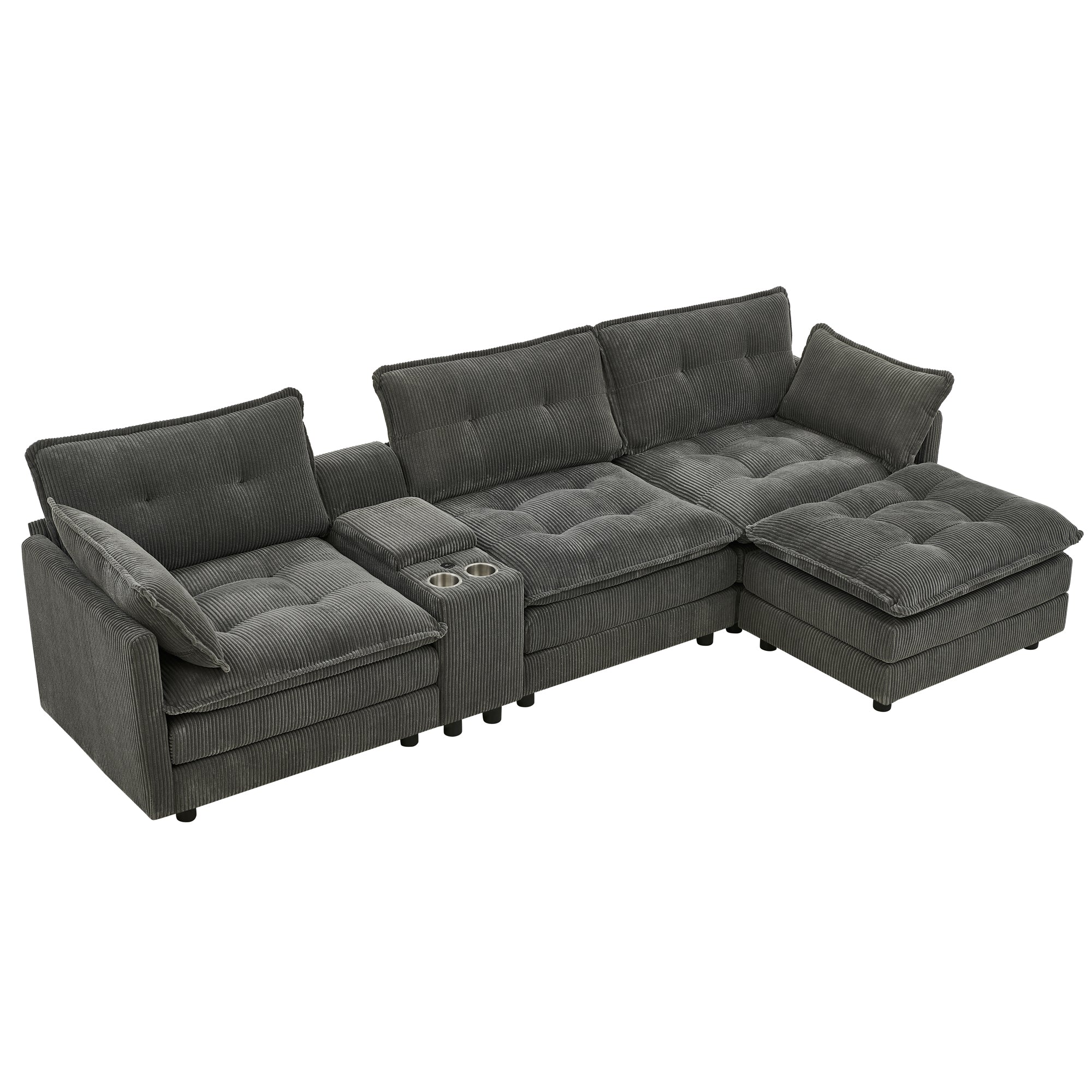 Sectional Sofa L-Shaped Corduroy with Ottoman and USB Ports, 4-seater, Grey