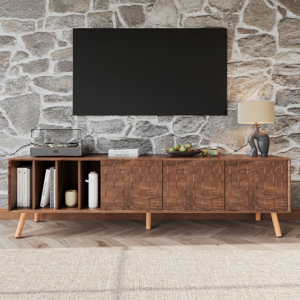 TV Stand Mid-Century Walnut Solid Wood MDF Push-Pop Doors Fits 80 In TV