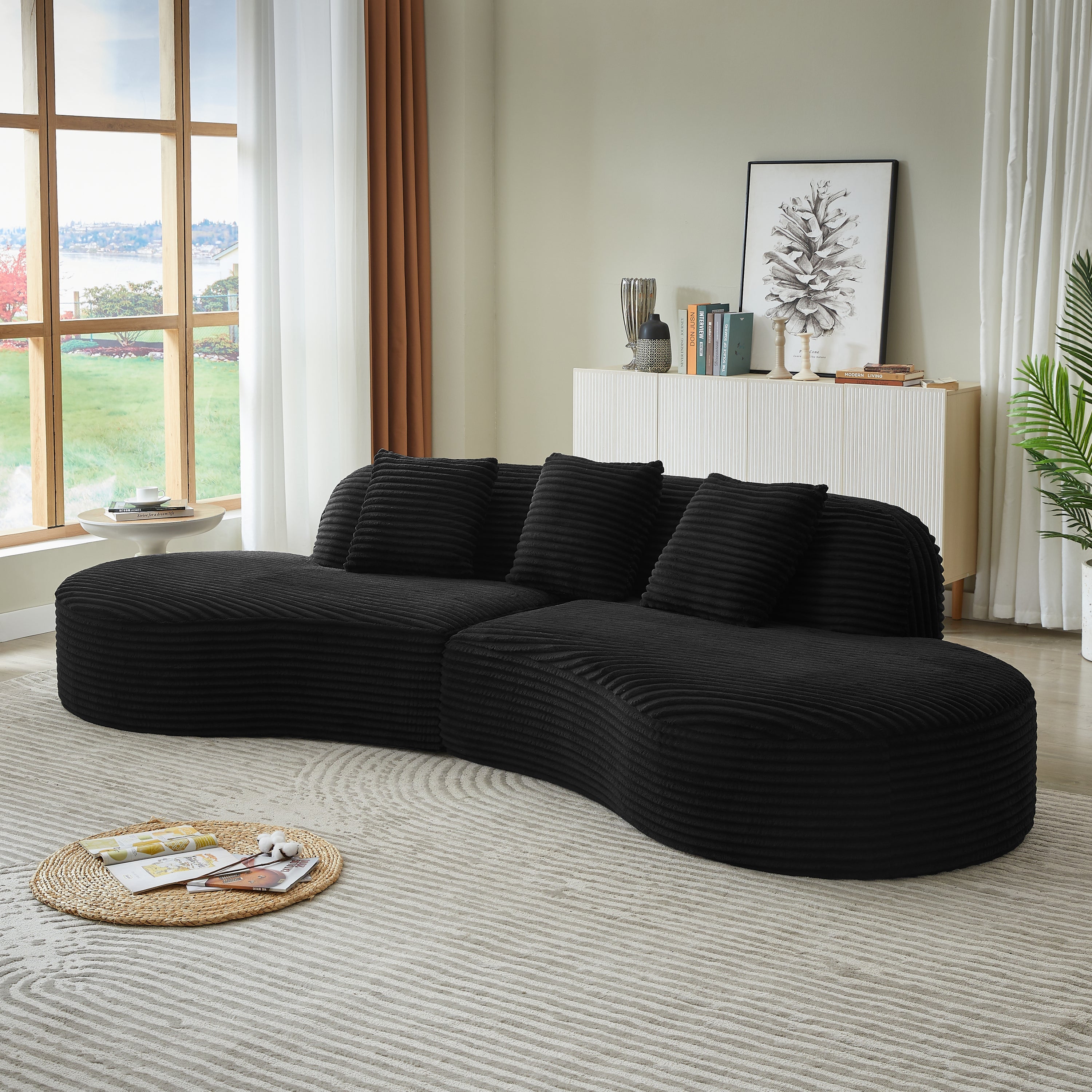 Sectional Sofa Curved Corduroy with Scatter Cushions No Assembly