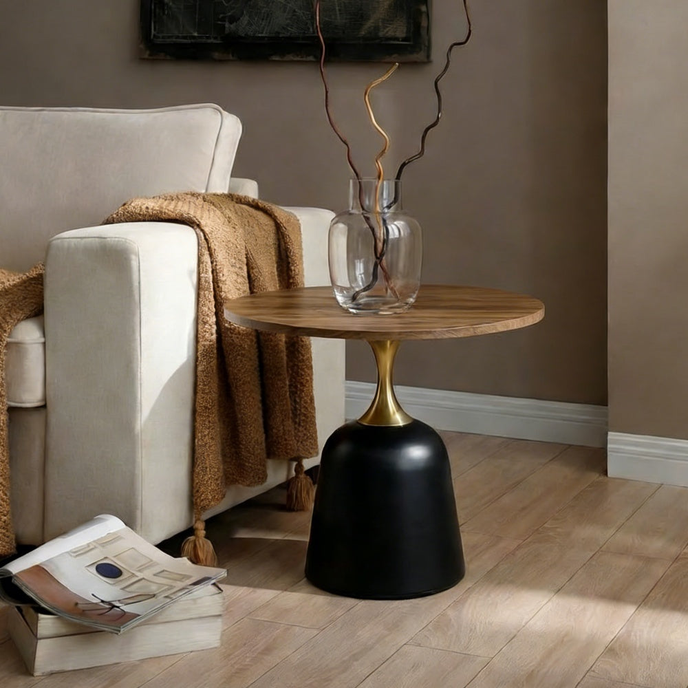 23.6 in Round Side Table, Metal Base, Walnut Wood Grain, Living Room Office