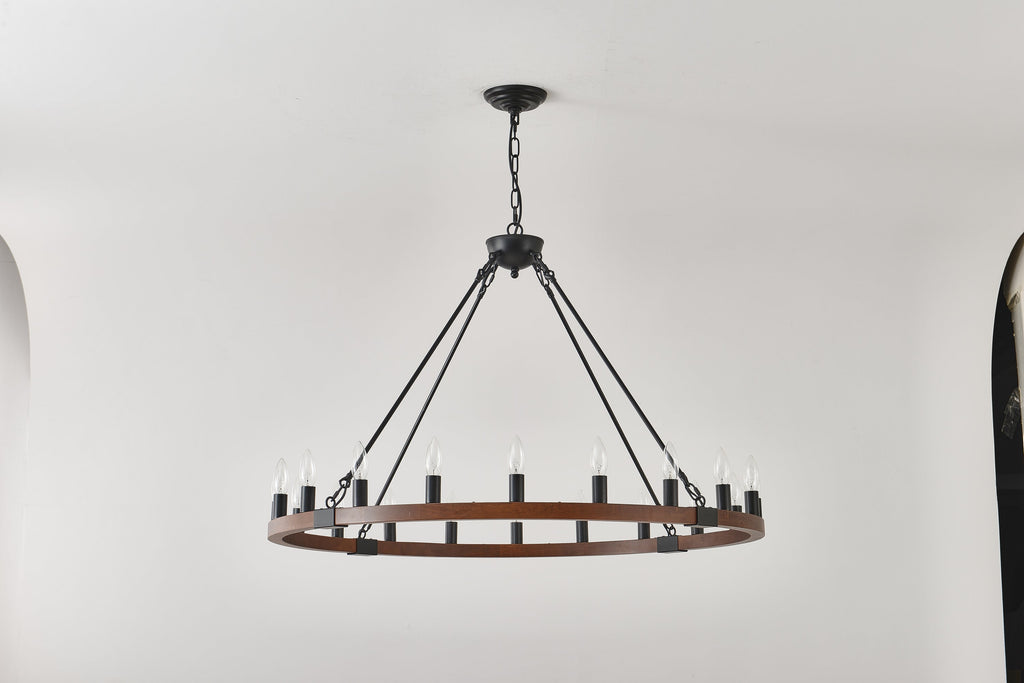 Chandelier Wood Wagon Wheel 20-Light Farmhouse Matte Black 39.3 In
