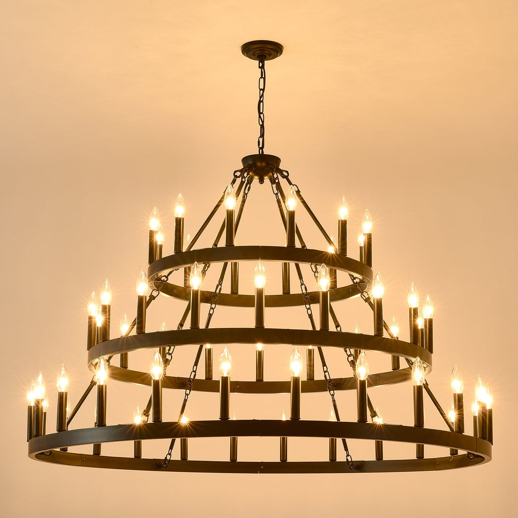 Chandelier Wagon Wheel 3-Tier 36-Light Black Metal 39.37 In Industrial