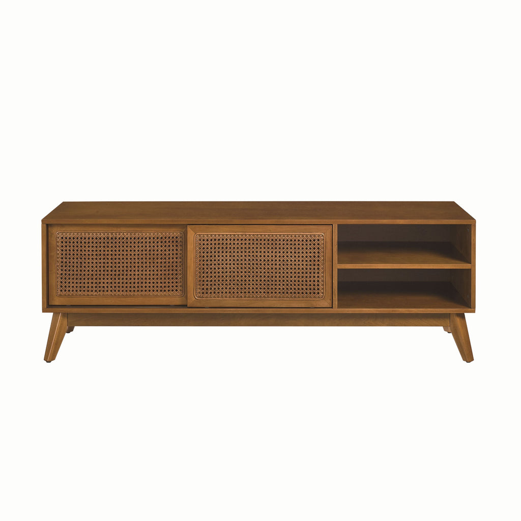 TV Stand Mid-Century Boho Rattan MDF Brown Ebony Sliding Door Fits 65 In TV