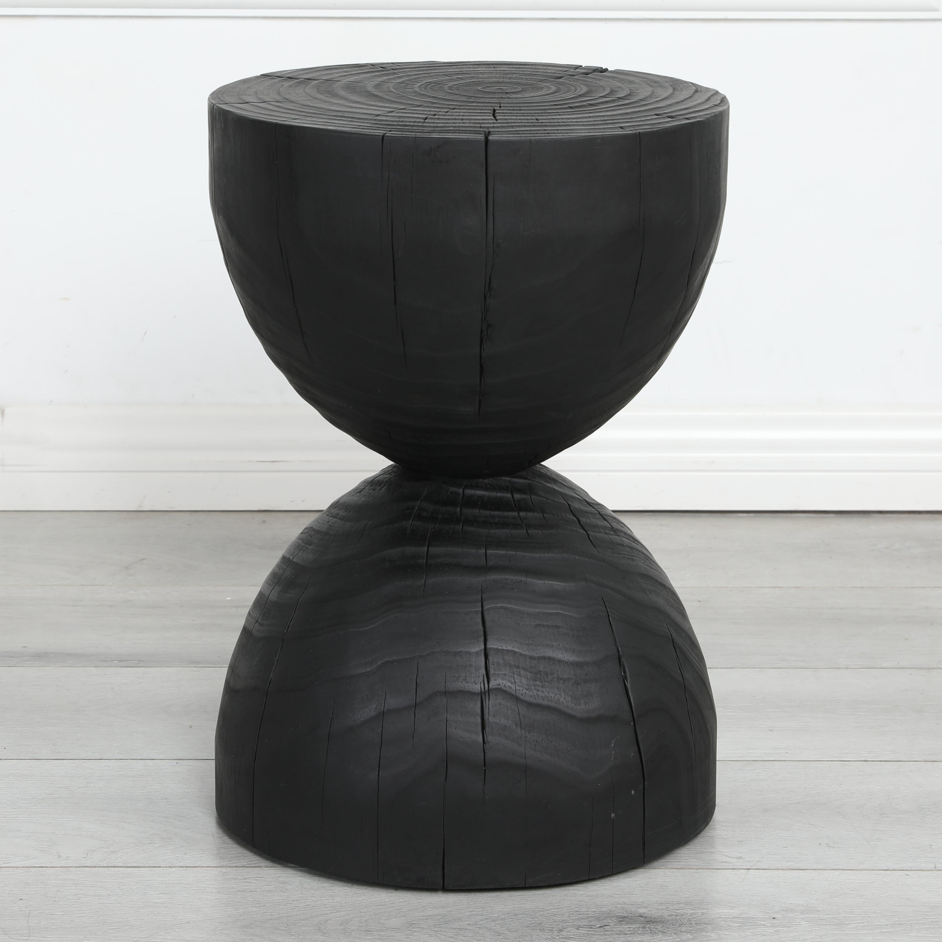 Solid Mango Wood Round Side Table, 12.2x18.11 in, Black, Burnt Vintage Look