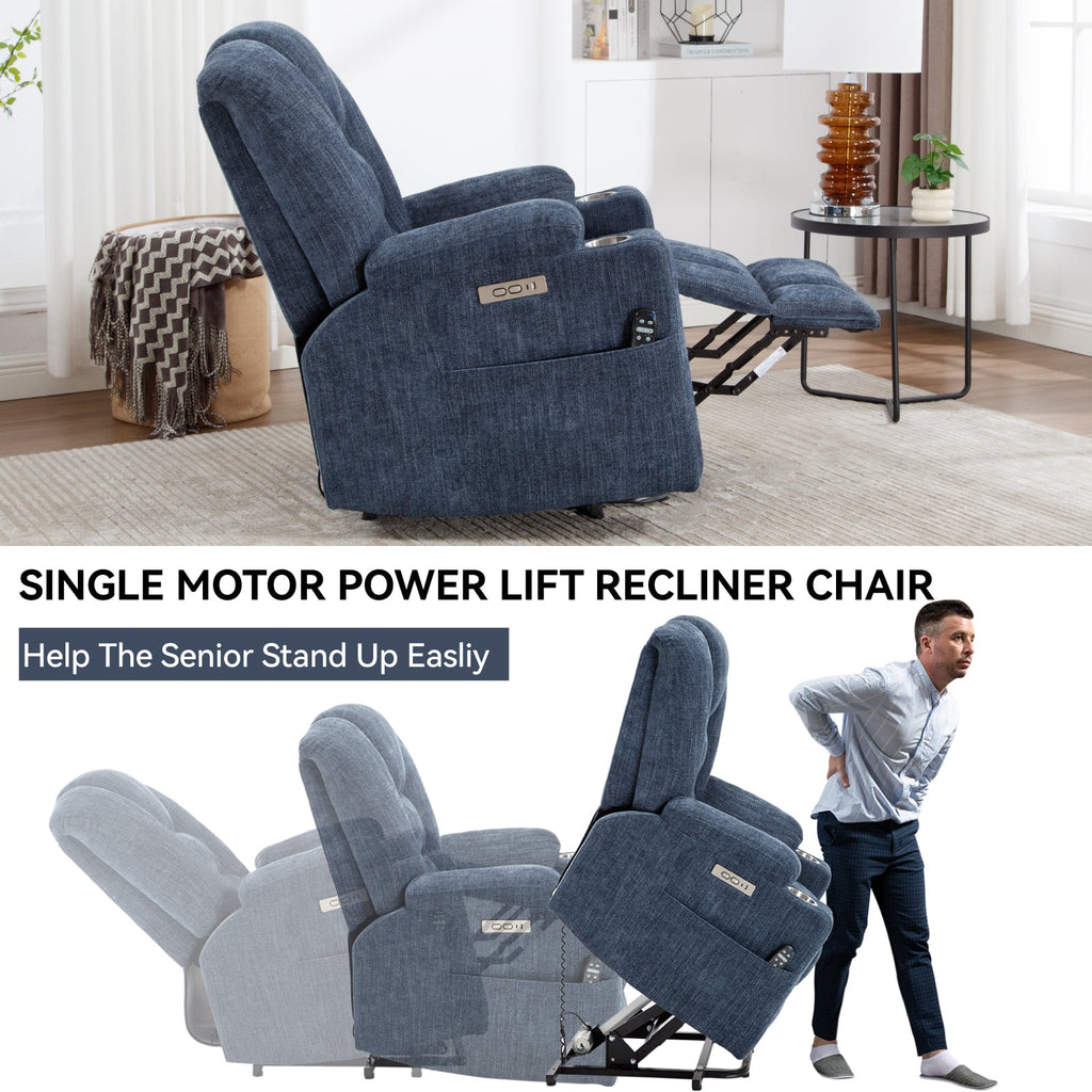 Power Lift Recliner Chair Heat Massage USB Cup Holders, Blue