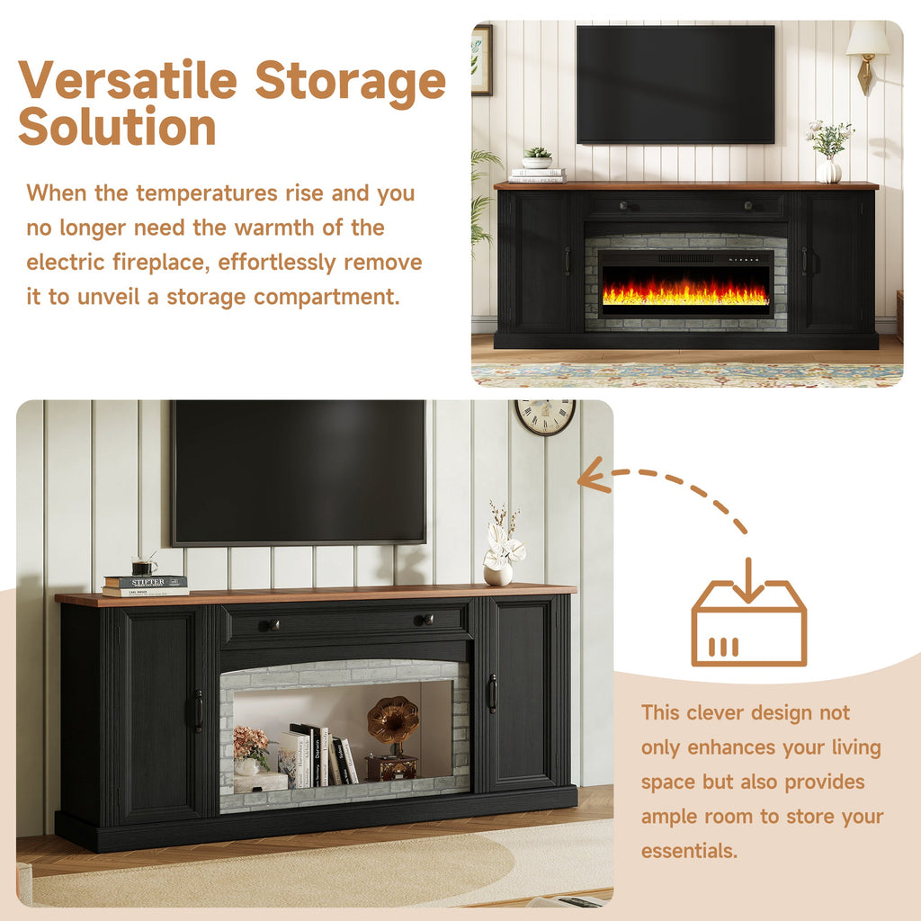 TV Stand Fireplace Black MDF Walnut Top Gray Brick 1400W Fits 70 In TV 66.9 In