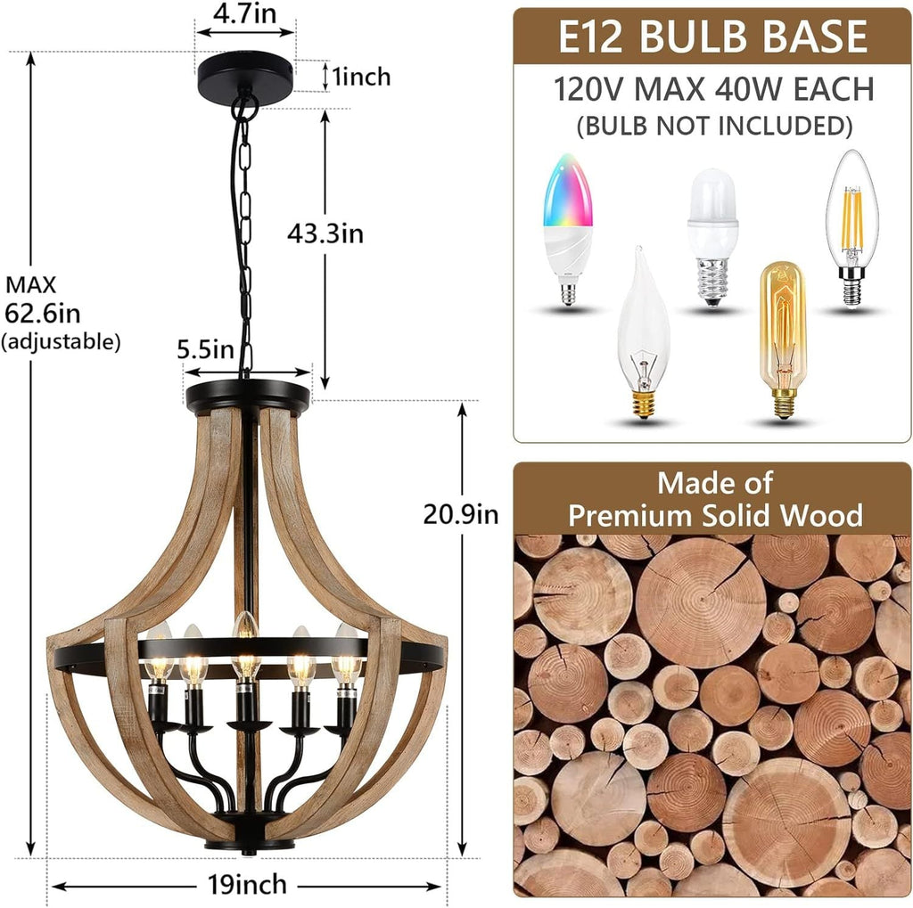 Chandelier Farmhouse 5-Light Solid Wood Adjustable Brown Dining Kitchen