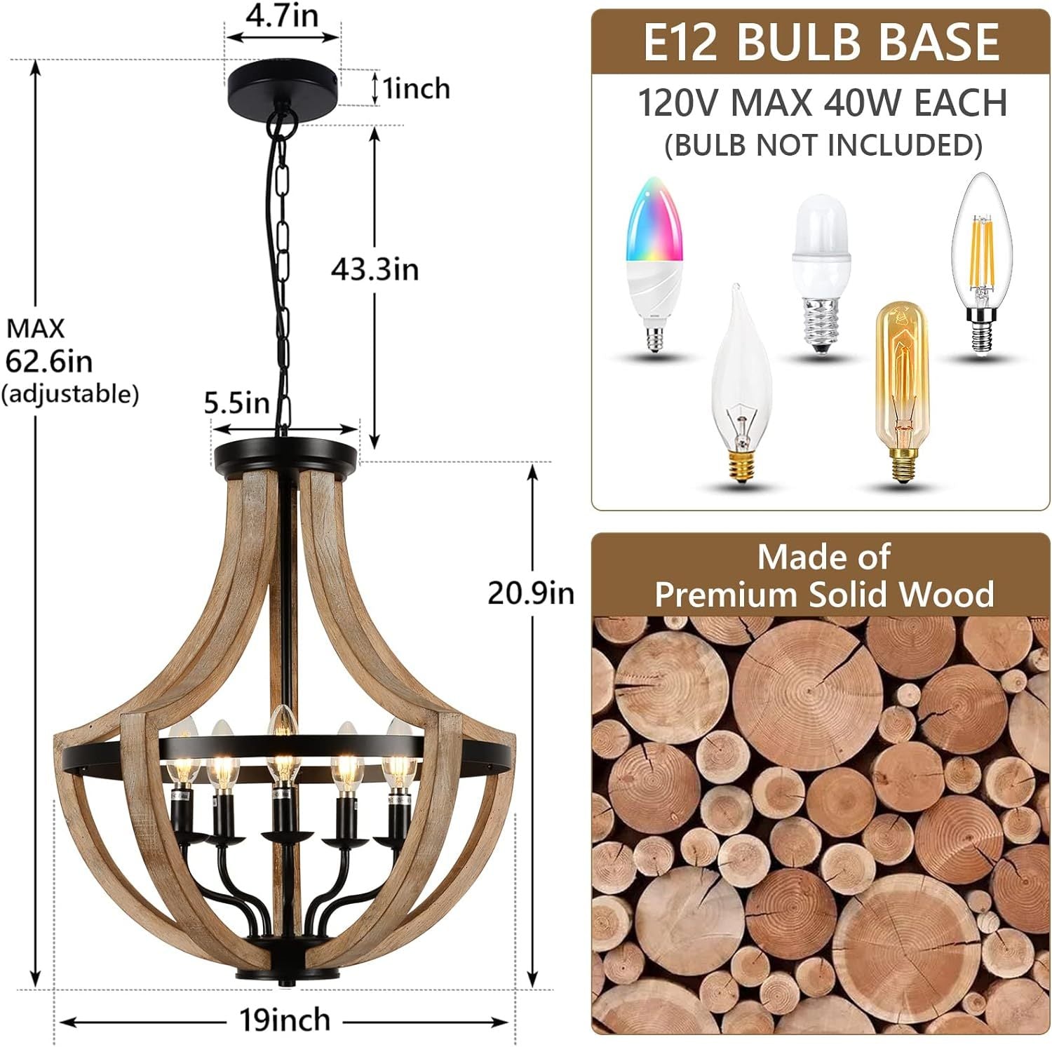 Chandelier Farmhouse 5-Light Solid Wood Adjustable Brown Dining Kitchen