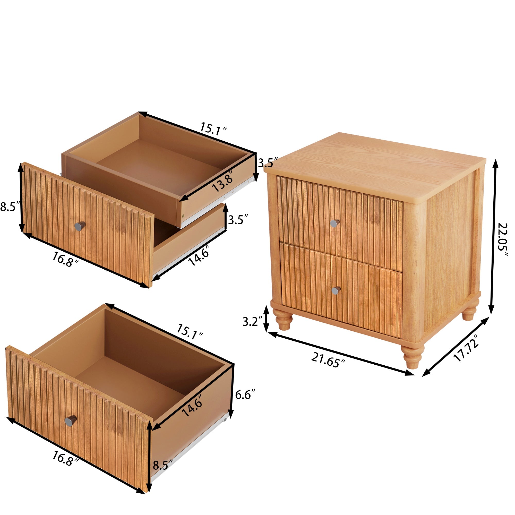 Mid Century Fluted Nightstand with 3 Drawers, 21.65 in Wide, Natural