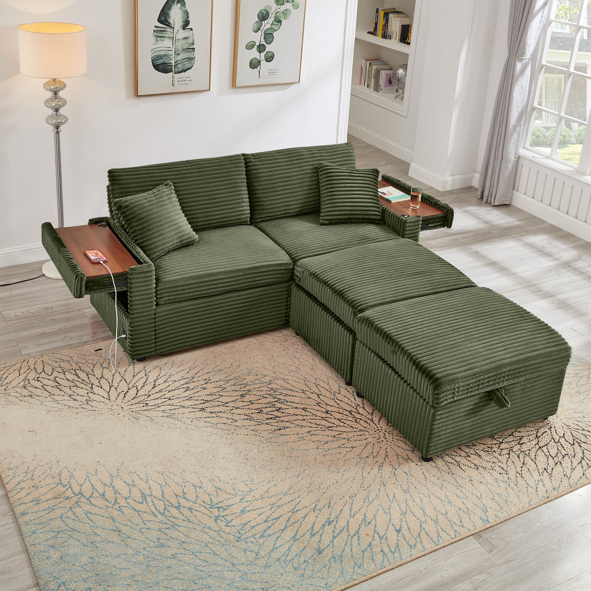 Sectional Sofa L-Shape Corduroy Green Storage Chaise 2 Ottomans USB 69 In