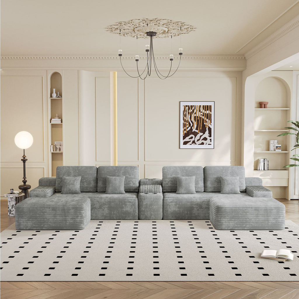 Sectional Sofa U-Shape Corduroy Light Gray 6 Seat USB Bluetooth 150 In