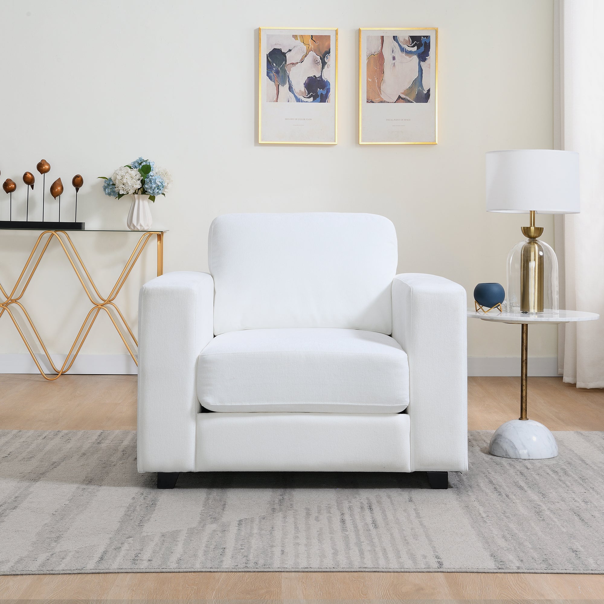 Accent Chair Mid-Century Chenille Ivory Wide Arms 7 In Cushion 39x33x33 In