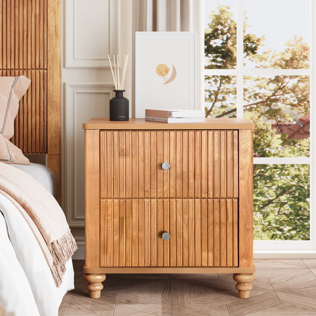 Mid Century Fluted Nightstand with 3 Drawers, 21.65 in Wide, Natural