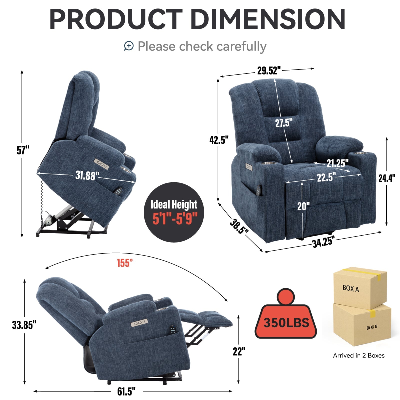 Power Lift Recliner Chair Heat Massage USB Cup Holders, Blue