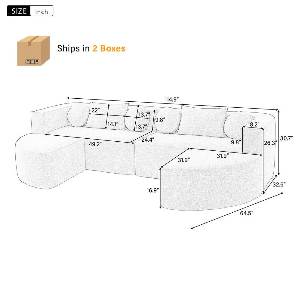 Sectional Sofa U-Shape Modular Boucle Gray 6-Seat Deep Seating 114.9x64.5 In