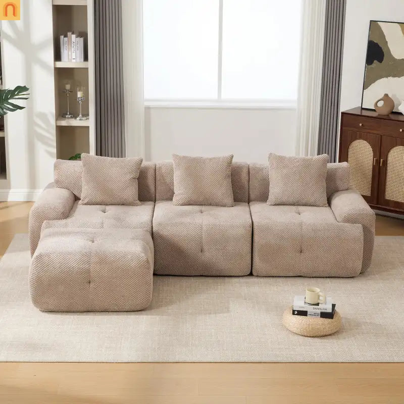 Sectional Sofa l Shaped Taupe Upholstered 4 Piece with Movable Ottoman