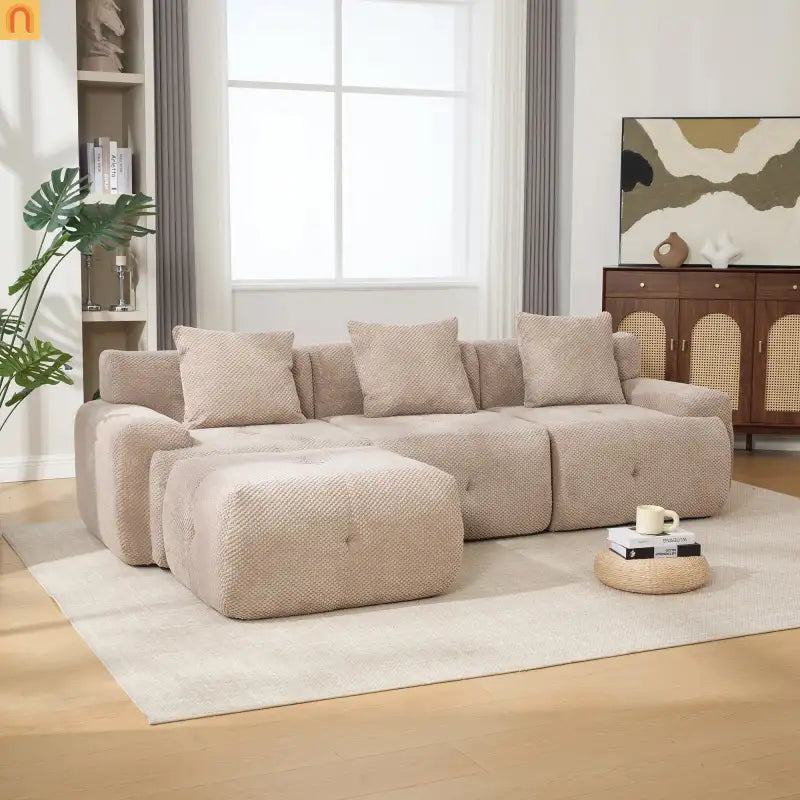 Sectional Sofa l Shaped Taupe Upholstered 4 Piece with Movable Ottoman
