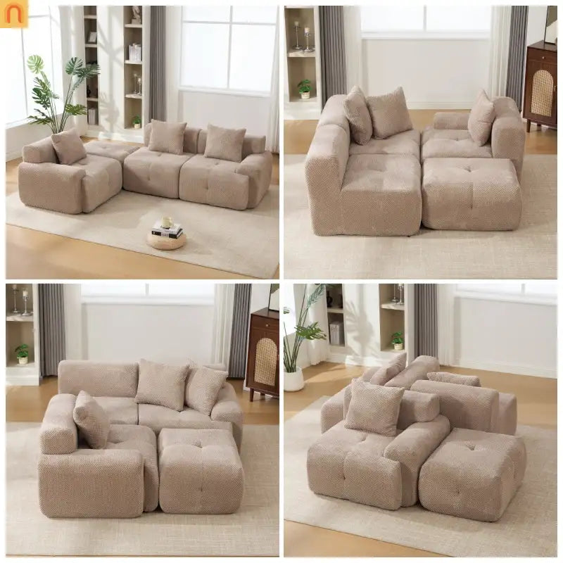 Sectional Sofa l Shaped Taupe Upholstered 4 Piece with Movable Ottoman