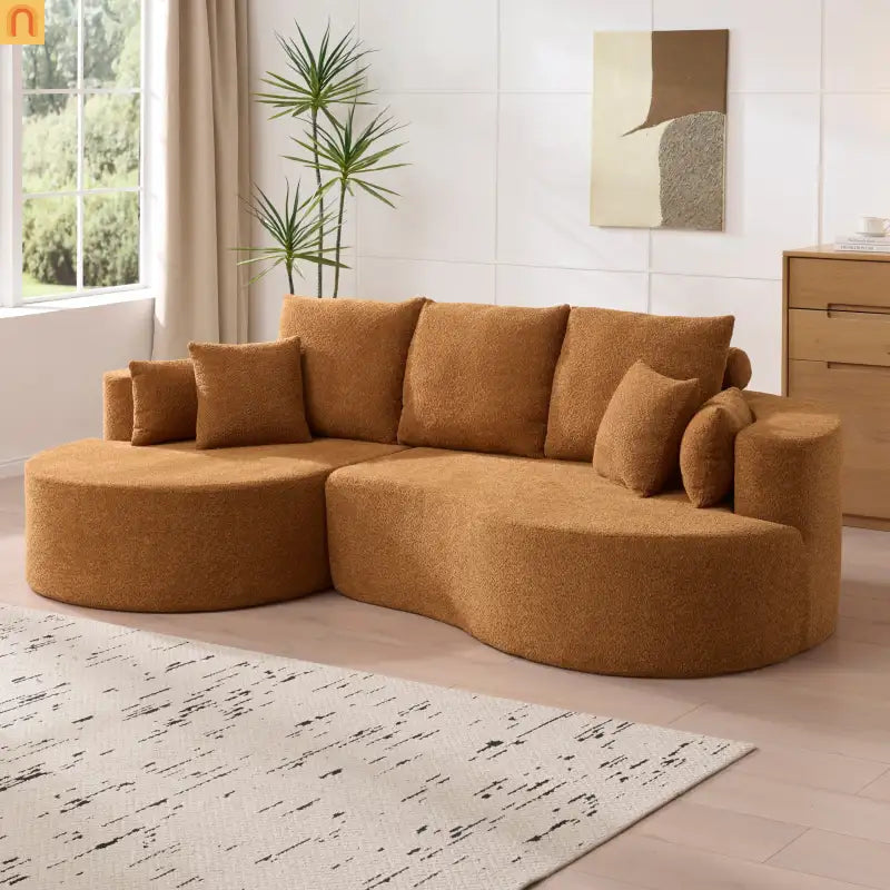 Sectional Sofa Curved Boucle Camel 4 Seat 106 In Chaise 7 Pillows