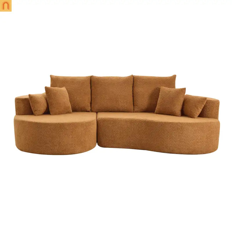Sectional Sofa Curved Boucle Camel 4 Seat 106 In Chaise 7 Pillows