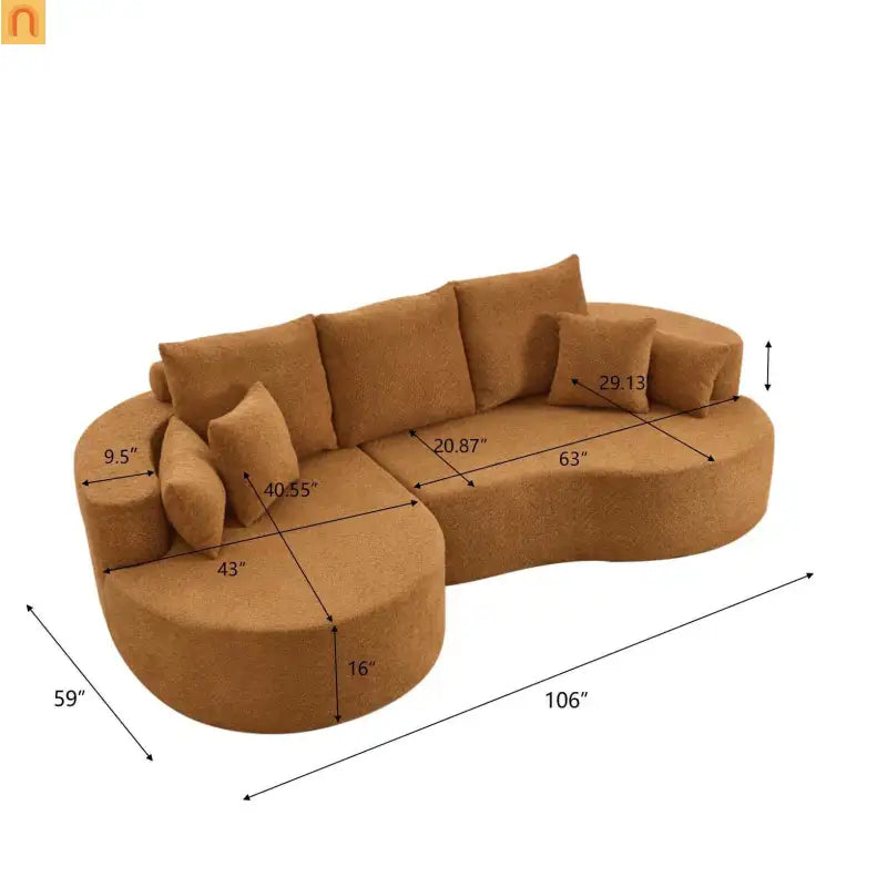 Sectional Sofa Curved Boucle Camel 4 Seat 106 In Chaise 7 Pillows
