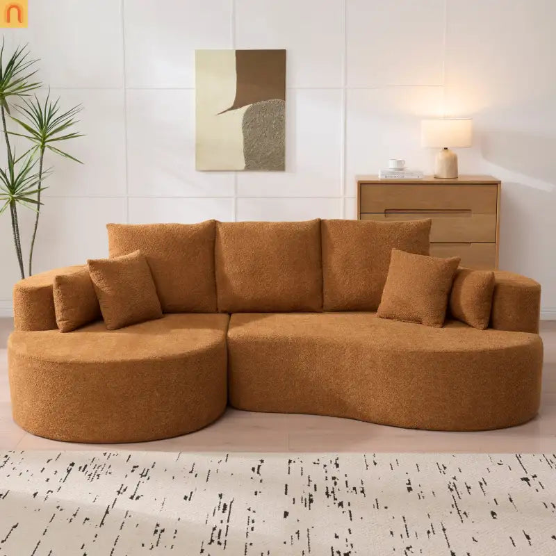 Sectional Sofa Curved Boucle Camel 4 Seat 106 In Chaise 7 Pillows