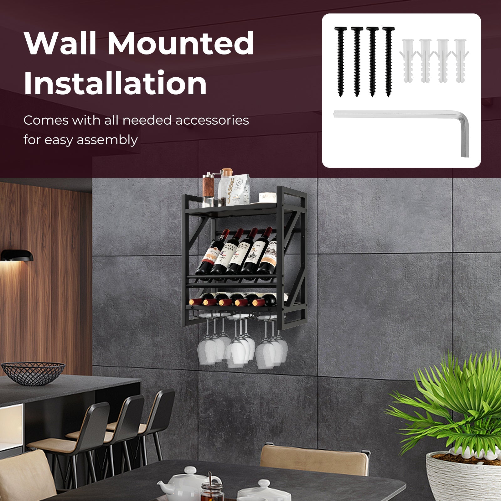10 Bottles Wall Mounted Wine Rack with Glass Holder