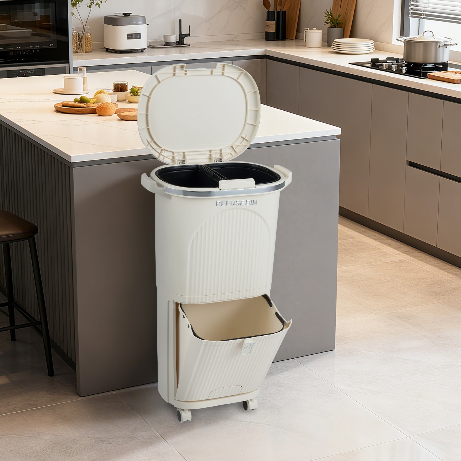 10 Gallon Kitchen Trash Can Double-Layer with Lid and 2 Removable Buckets-Beige