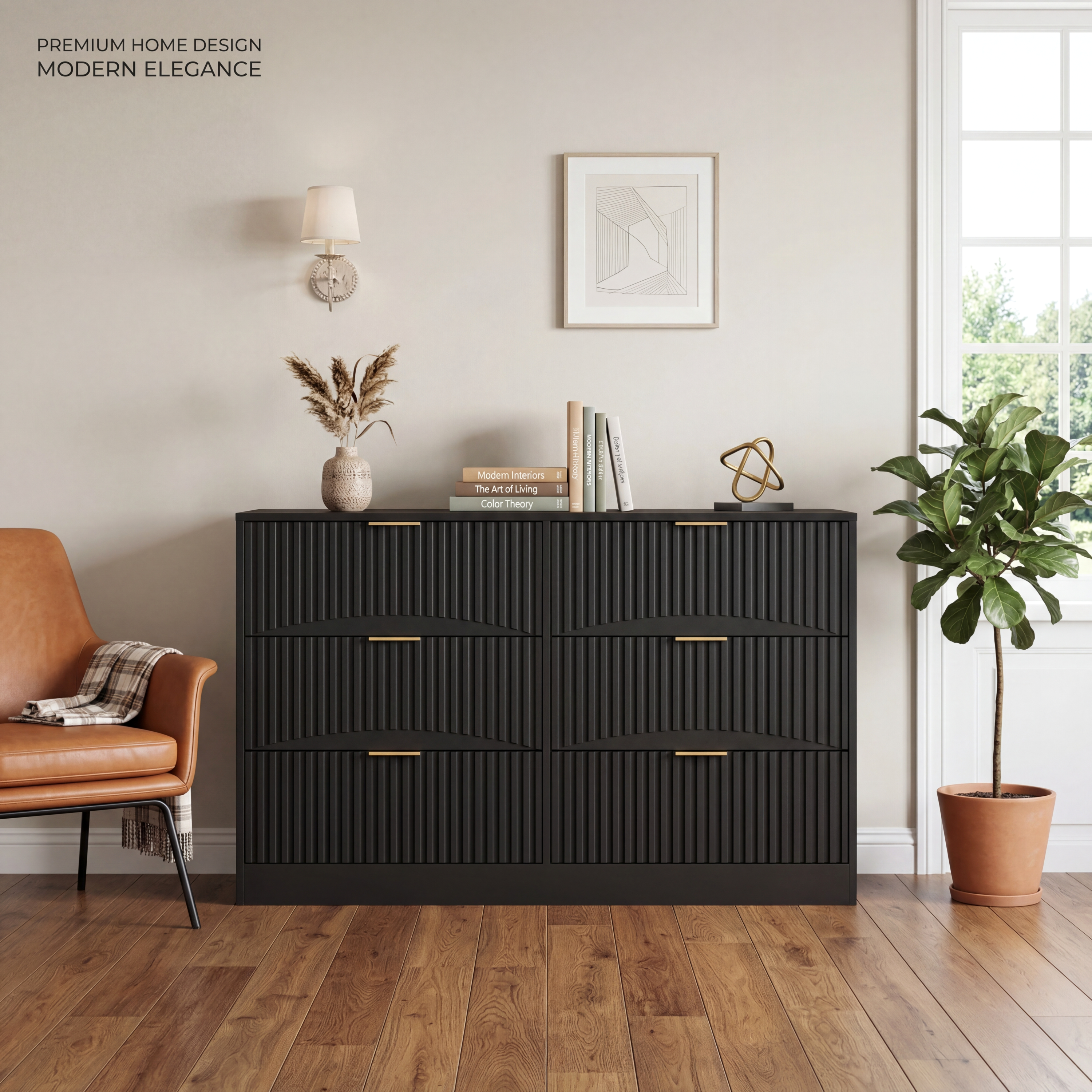 Dresser Modern 6-Drawer Black Particle Board 47.2x15.74x30.3 In