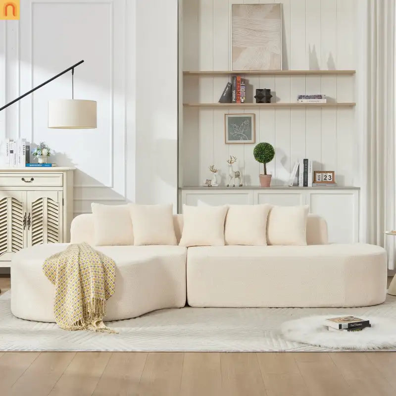 Sectional Sofa Curved Ivory Memory Foam 110 Inch with 5 Pillows