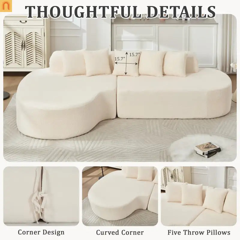 Sectional Sofa Curved Ivory Memory Foam 110 Inch with 5 Pillows