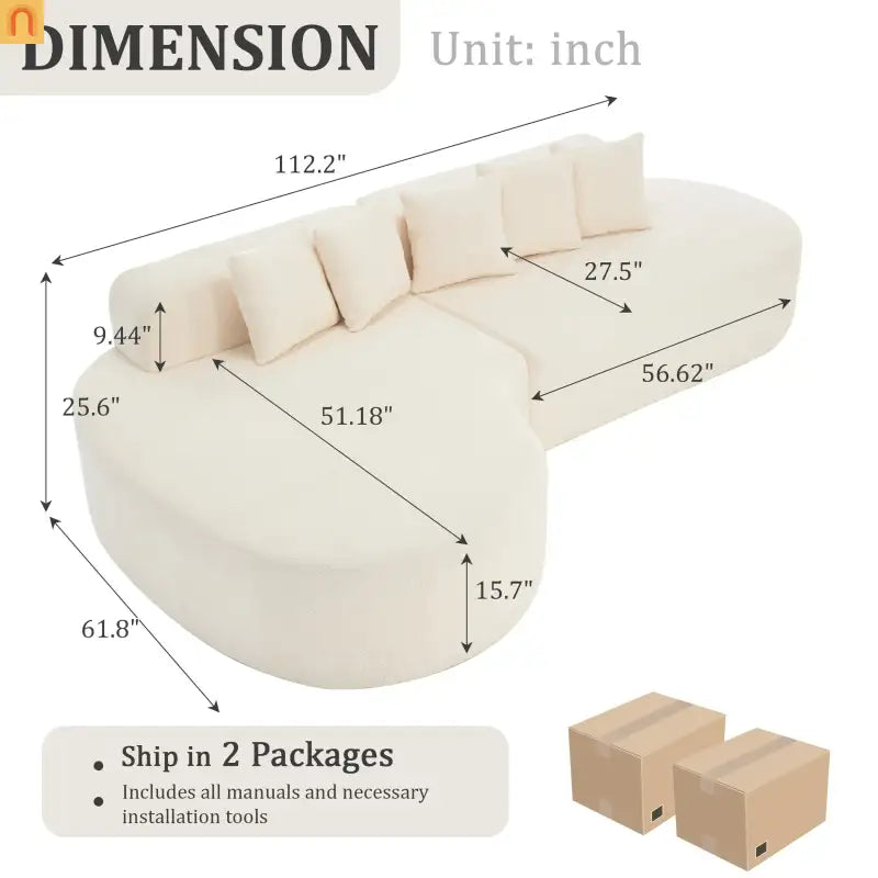 Sectional Sofa Curved Ivory Memory Foam 110 Inch with 5 Pillows
