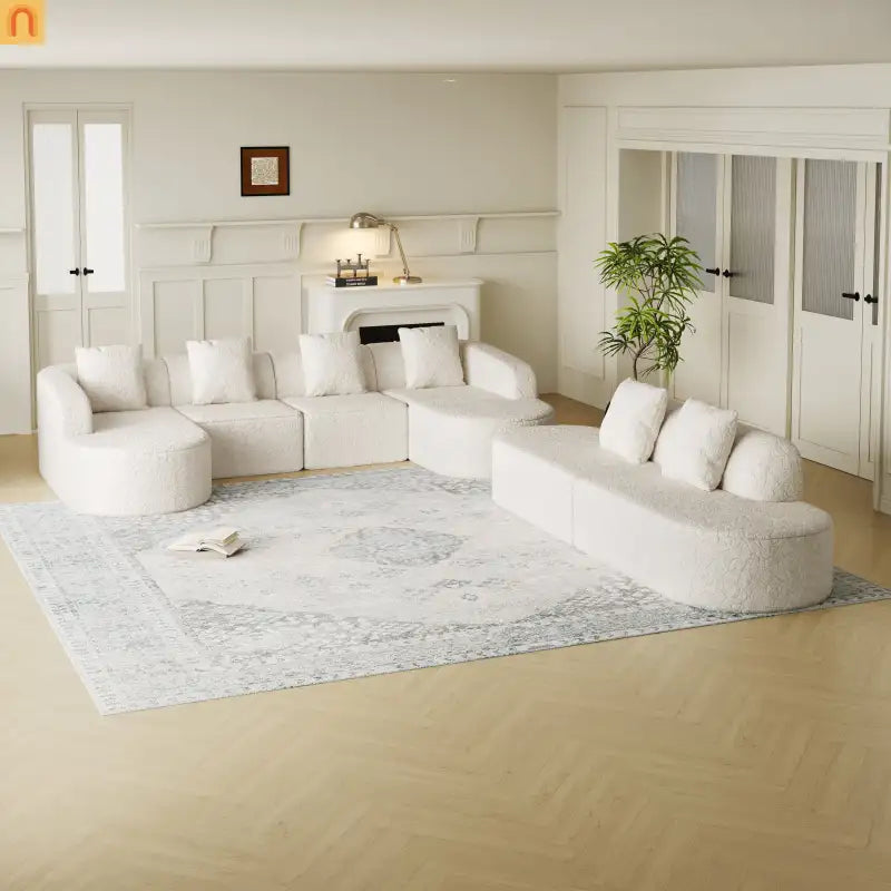 Sofa L-Shape Curved Modular Lychee Polyester White 6 Seat 112 In