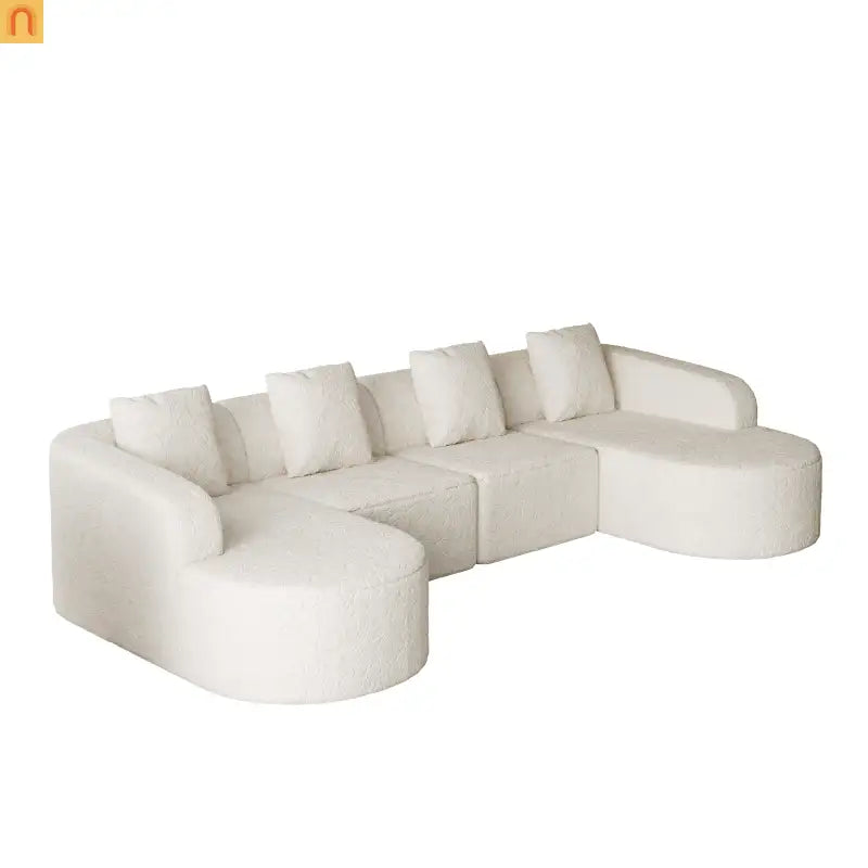 Sofa L-Shape Curved Modular Lychee Polyester White 6 Seat 112 In