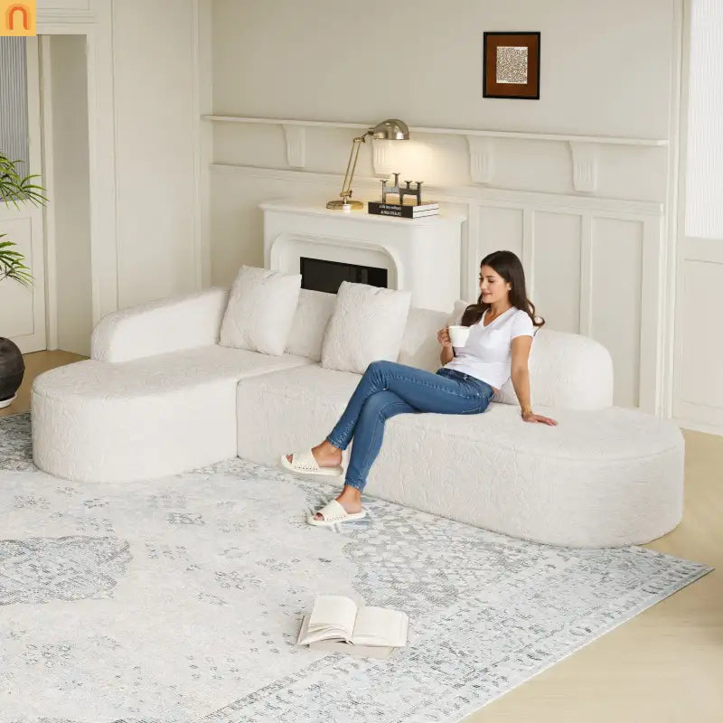 Sofa L-Shape Curved Modular Lychee Polyester White 6 Seat 112 In