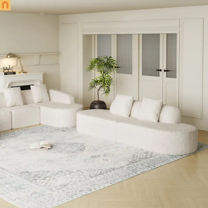 Sofa L-Shape Curved Modular Lychee Polyester White 6 Seat 112 In