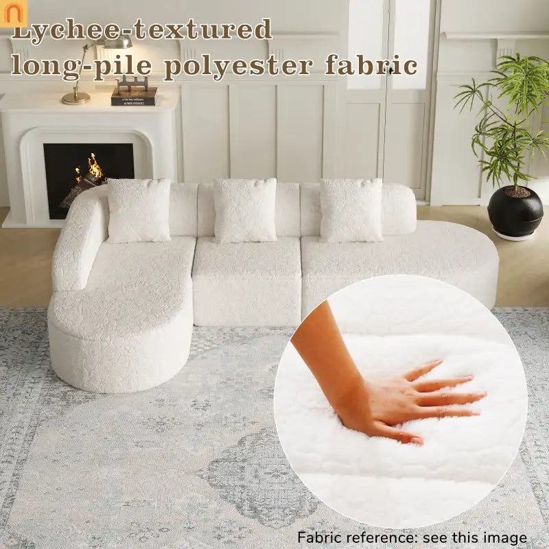 Sofa L-Shape Curved Modular Lychee Polyester White 6 Seat 112 In