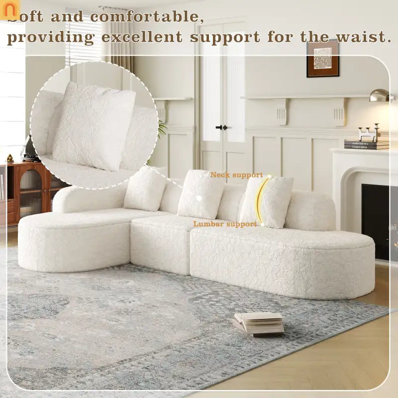 Sofa L-Shape Curved Modular Lychee Polyester White 6 Seat 112 In