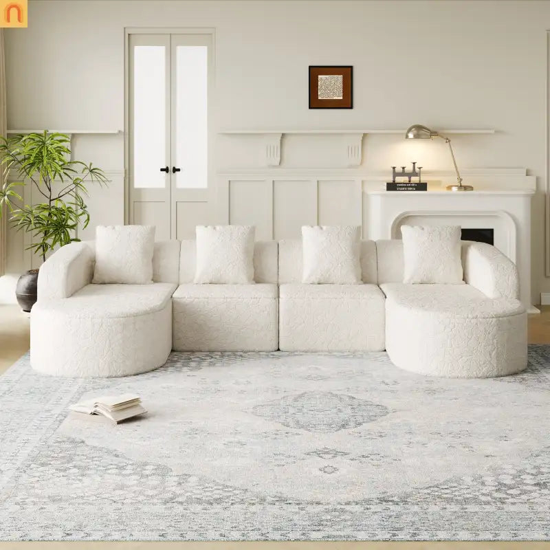 Sofa L-Shape Curved Modular Lychee Polyester White 6 Seat 112 In