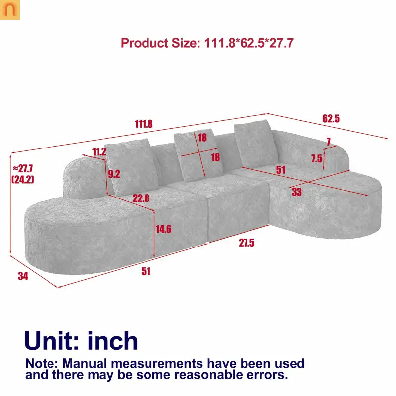Sofa L-Shape Curved Modular Lychee Polyester White 6 Seat 112 In