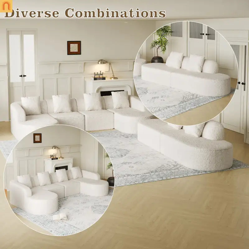 Sofa L-Shape Curved Modular Lychee Polyester White 6 Seat 112 In