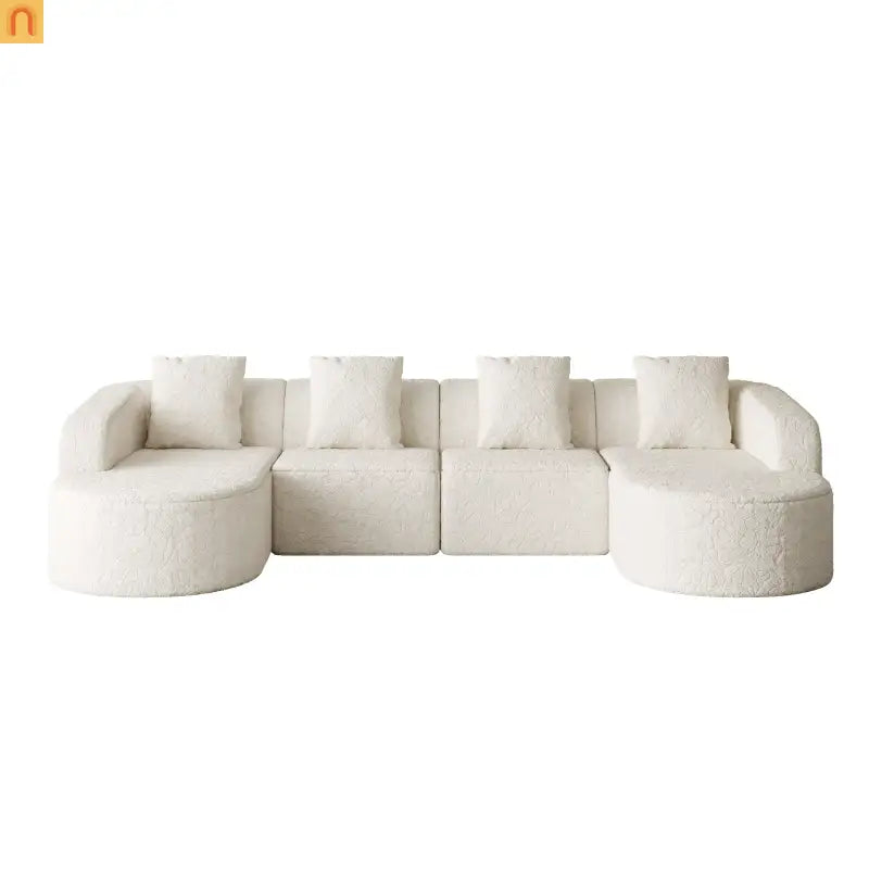 Sofa L-Shape Curved Modular Lychee Polyester White 6 Seat 112 In