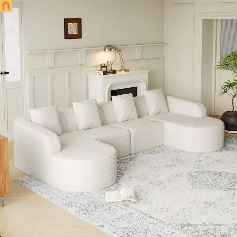 Sofa L-Shape Curved Modular Lychee Polyester White 6 Seat 112 In