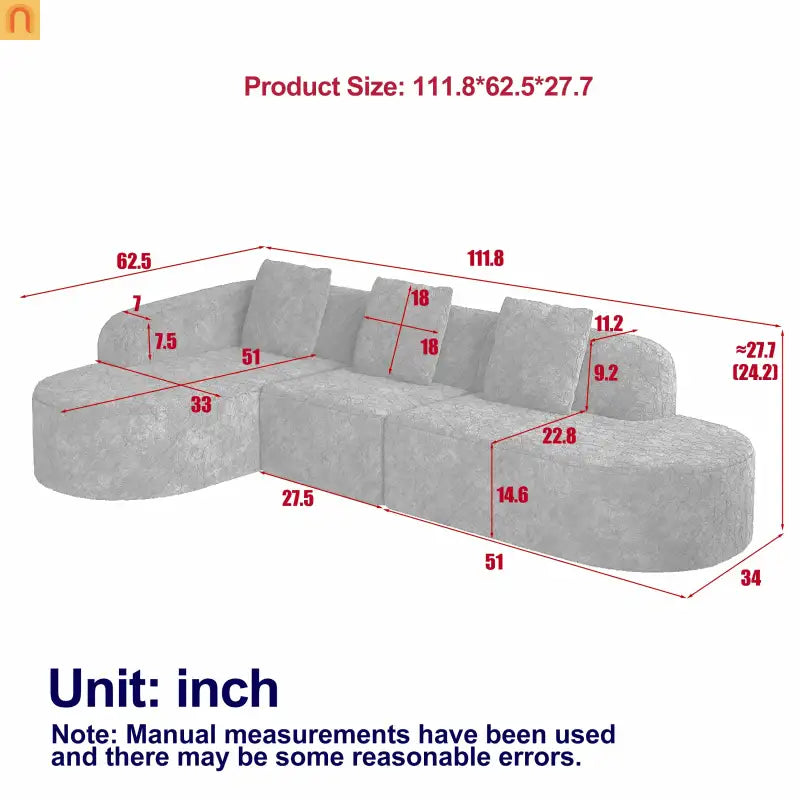 Sofa L-Shape Curved Modular Lychee Polyester White 6 Seat 112 In
