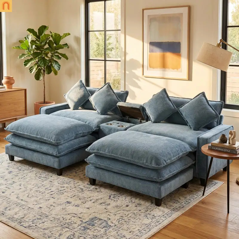 Sectional Sofa Chenille Light Blue 2 Seat USB Ports 2 Ottomans 111 In
