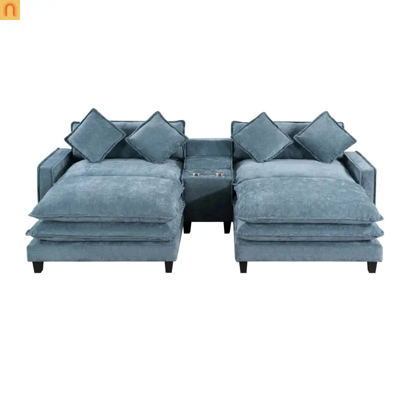 Sectional Sofa Chenille Light Blue 2 Seat USB Ports 2 Ottomans 111 In